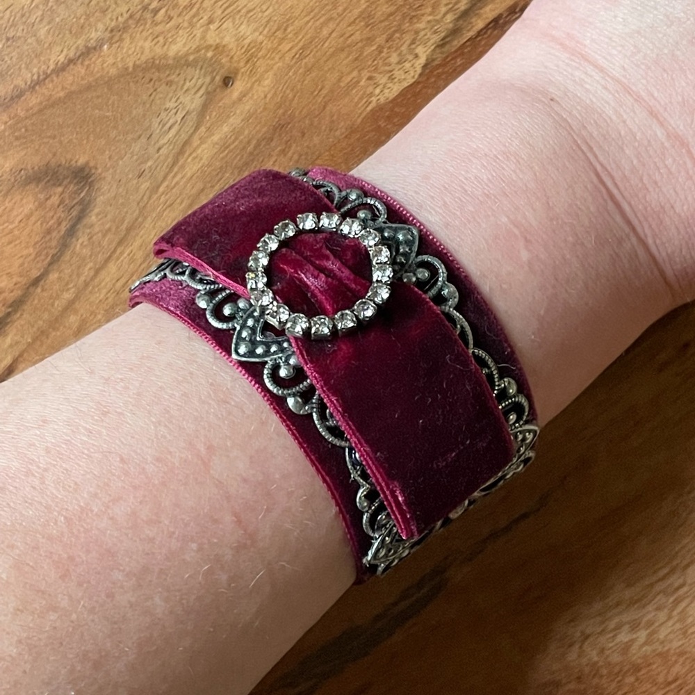 Victorian Steampunk Maroon Velvet & Metal Cuff - Picture 1 of 15